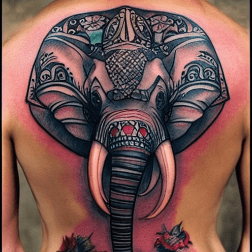 AI generated: TATTOO COLORED ON THE BACK, ELEPHANT, ARMOR, PERSIA, MONEY, LUCK,