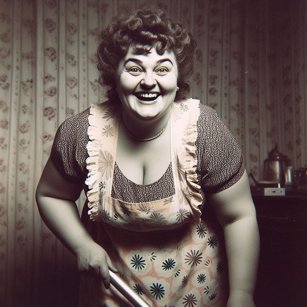 AI generated: A stout European housewife, approximately 45 years old, tending to her home. She wears a flower-patt...