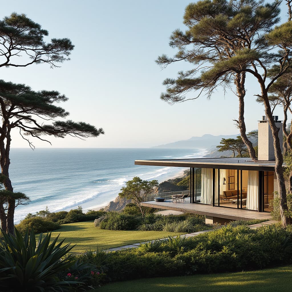 AI generated: Hyper realistic eye level exterior photo of a mid century modern style house overlooking the ocean, ...