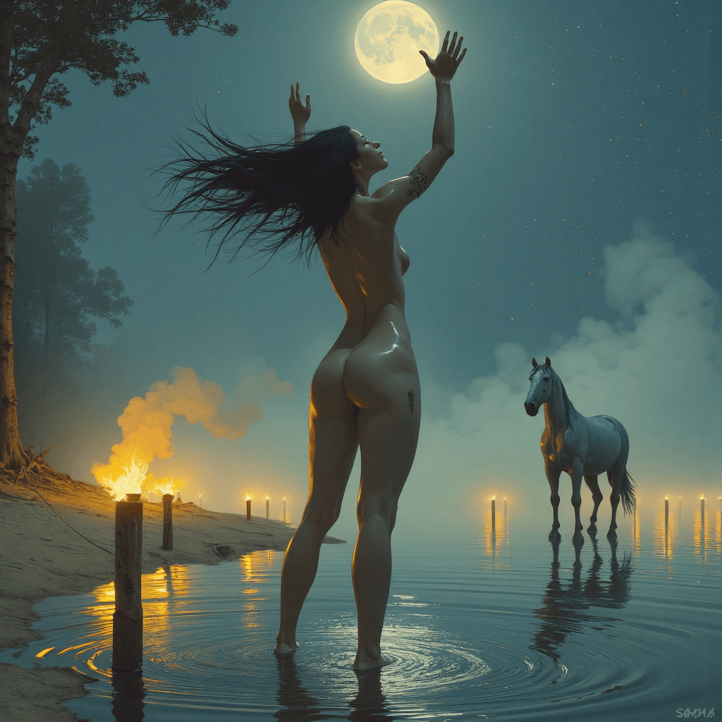 AI generated: In the textured realism of Simon Stålenhag, a moon-worshiping priestess stands ankle-deep in the cal...
