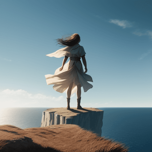 AI generated: Show a scene where the person stands at the edge of a cliff, with arms spread wide, as the wind blow...