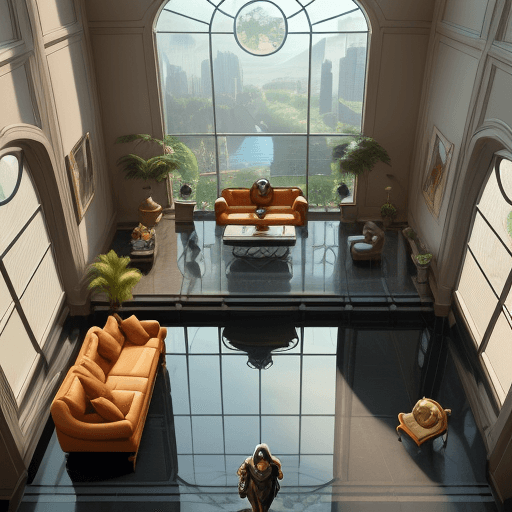 AI generated: Hyper realistic The Incredibles, Edna Mode's House, bright light, light tan colors, bird's eye view,...