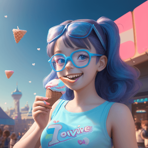 AI generated: cute, adorable, smiling girl eating ice cream, candies flying all around her, Pixar, disnet, cinema ...