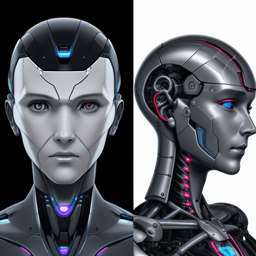 AI generated: Front view of the face of a half-human, half-machine robot with AI, with a side view of an AI-enhanc...