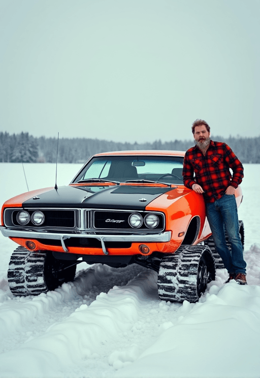 AI generated: photorealistic, exquisite detailed photograph capturing a vintage, Dodge Charger with a black hood, ...