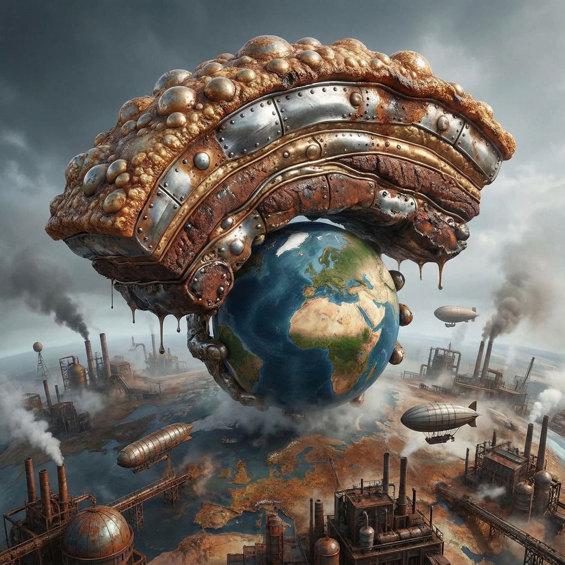 AI generated: un torrezno metalizado y gigante que domina el mundo