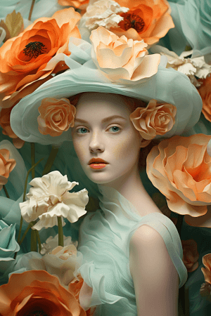 AI generated: A woman, modeling, Monet-inspired, Chris LaBrooy, paper art, flower-sculptured, close-up portrait ph...