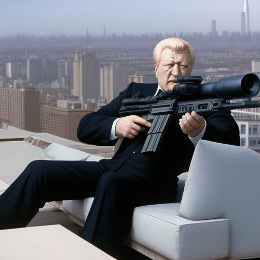 AI generated: Boris Yeltsin lying on the rooftop shoots with a sniper rifle