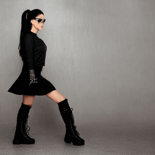 AI generated: a very serious woman wearing Techwear fashion, short skirt and black boots, quantum fluctuation, vol...