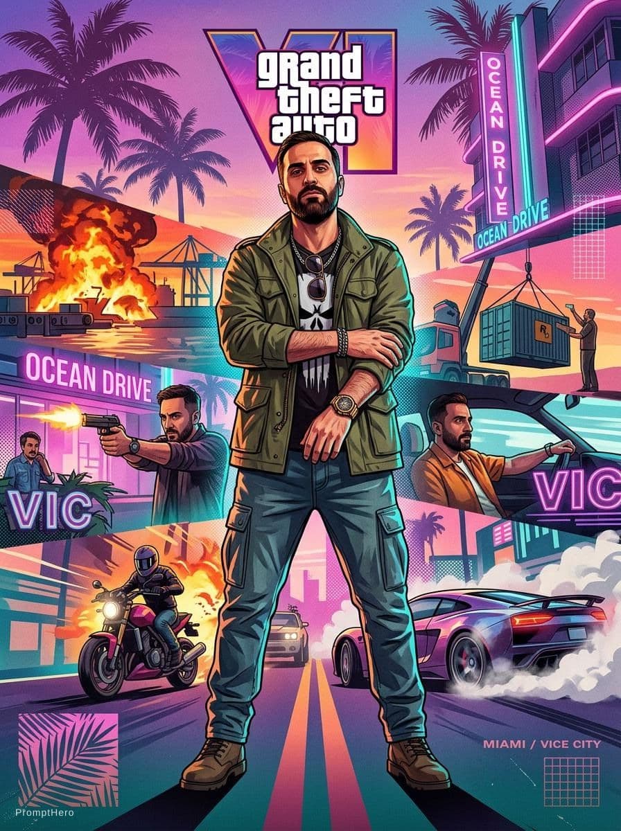 AI generated: Convert this image into a 3:4 official GTA VI-style game poster for the character standing full-body...