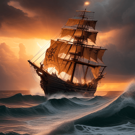 AI generated: pirate ship, adorned with intricate designs and shining shackles, battling a storm. The hull, marked...