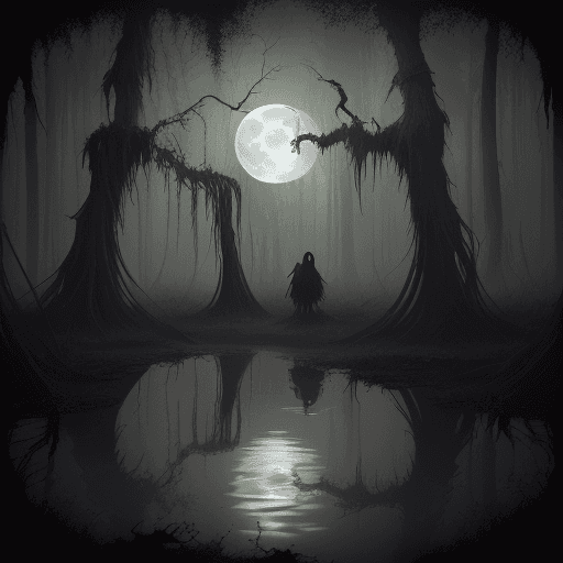 AI generated: greasy dreads, winking, waste deep in a swamp, dark forest of dead trees protruding from a bubbling ...