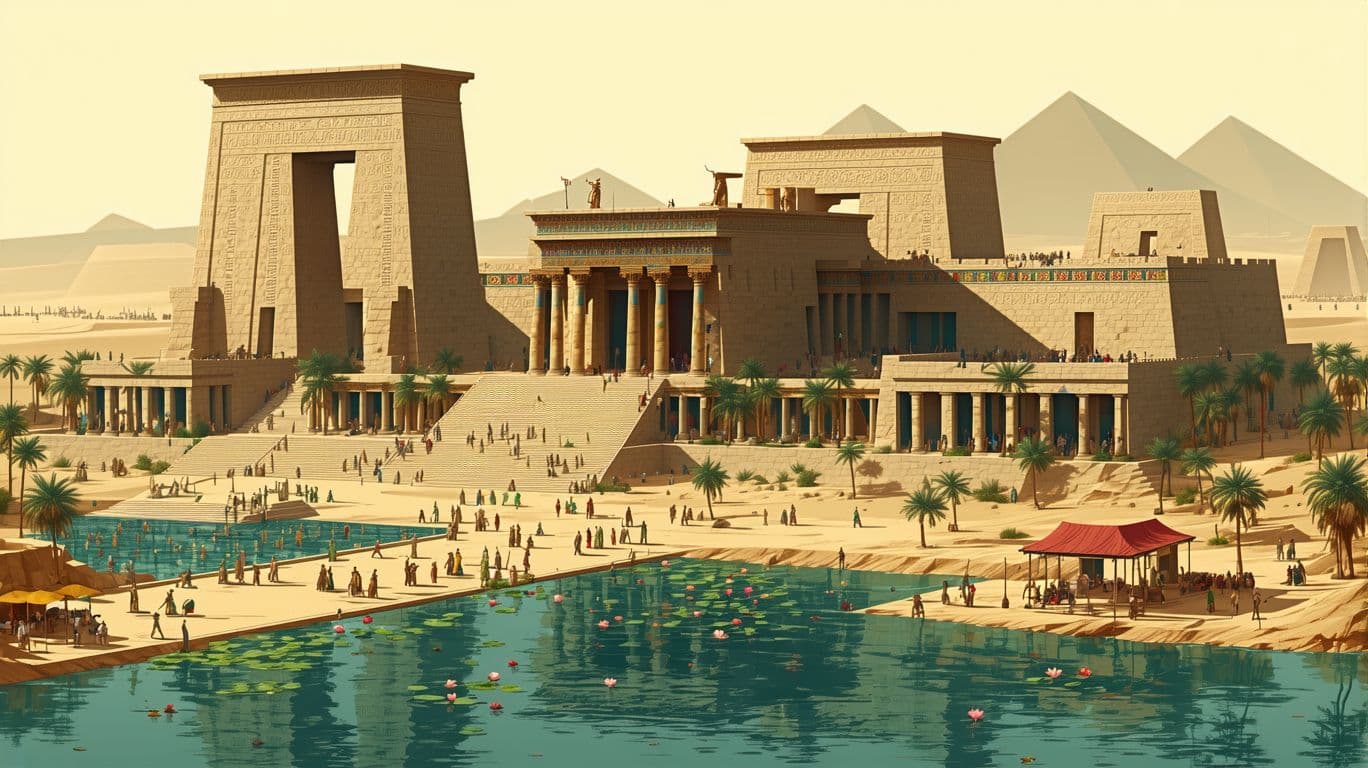 AI generated: - The Great Palace complex with limestone walls and columns

- The Temple of Ptah with its massive p...