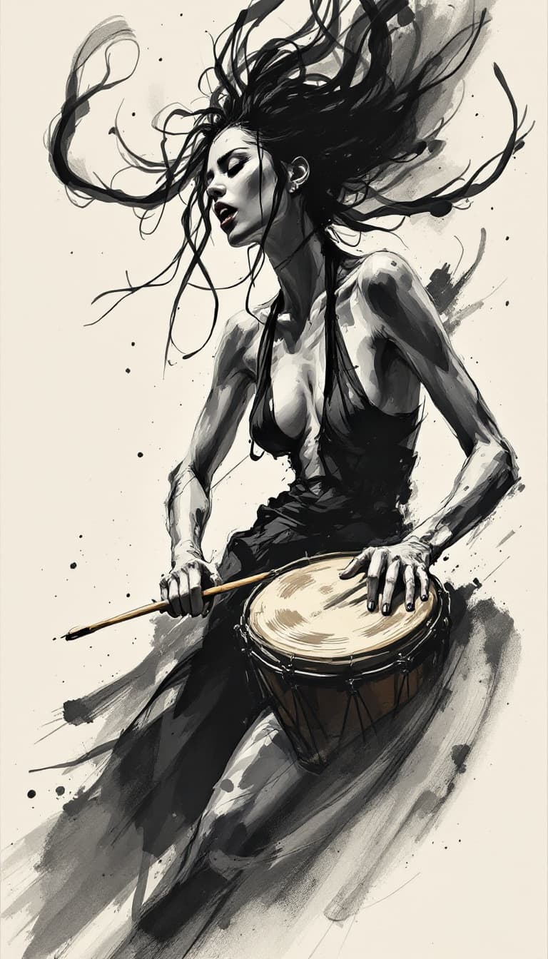 AI generated: Ink Wash Painting, Bold Black Lines, Expressive Strokes, Powerful, Woman Holding a Drum Rhythmically...