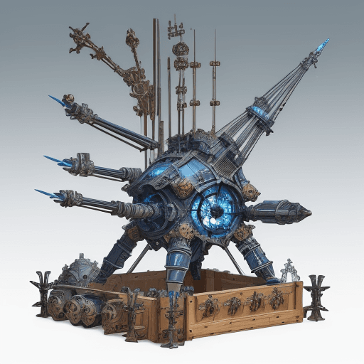 AI generated: Futuristic sci-fi sketch blueprint, medieval trebuchet, 6 wheels, wooden structure configuration, ri...