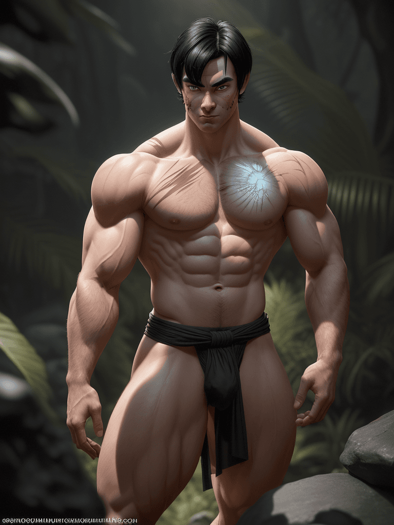 AI generated: Yamcha, caucasian complexion, big muscles and big thighs, face scar, black short hair, in his thirti...