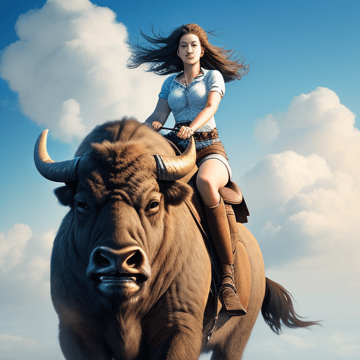AI generated: Photo of a ultra realistic , pretty girlriding a giant buffalo on the cloud. With a cat. Cinematic. ...