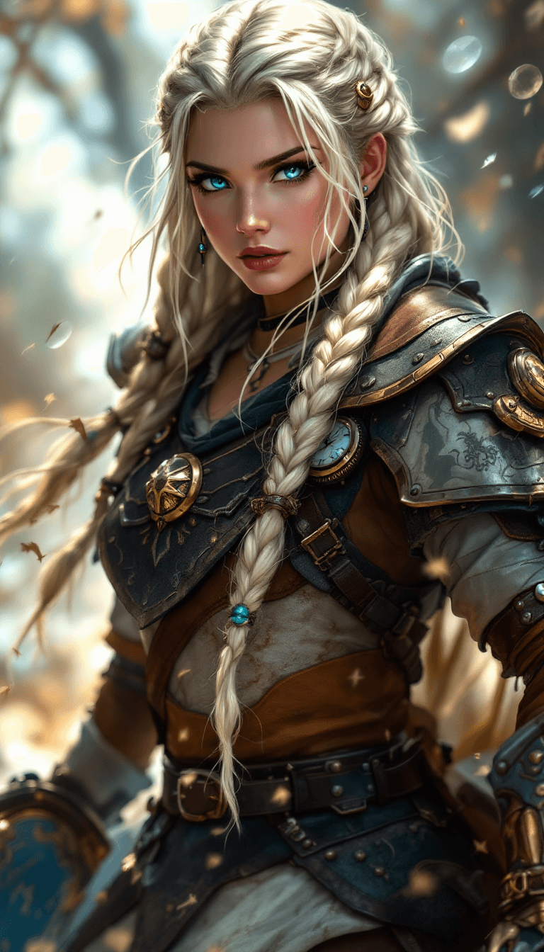 AI generated: The Time-Traveling Shield Maiden: A resilient and resourceful warrior with long, braided platinum bl...