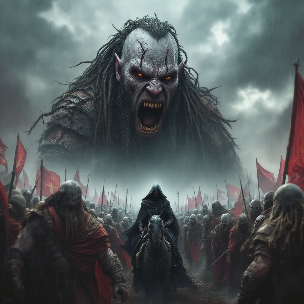 AI generated: The mighty Uruk-hai chieftain roars, his hyper-realistic, rendered-whitish face covered in scars, hi...
