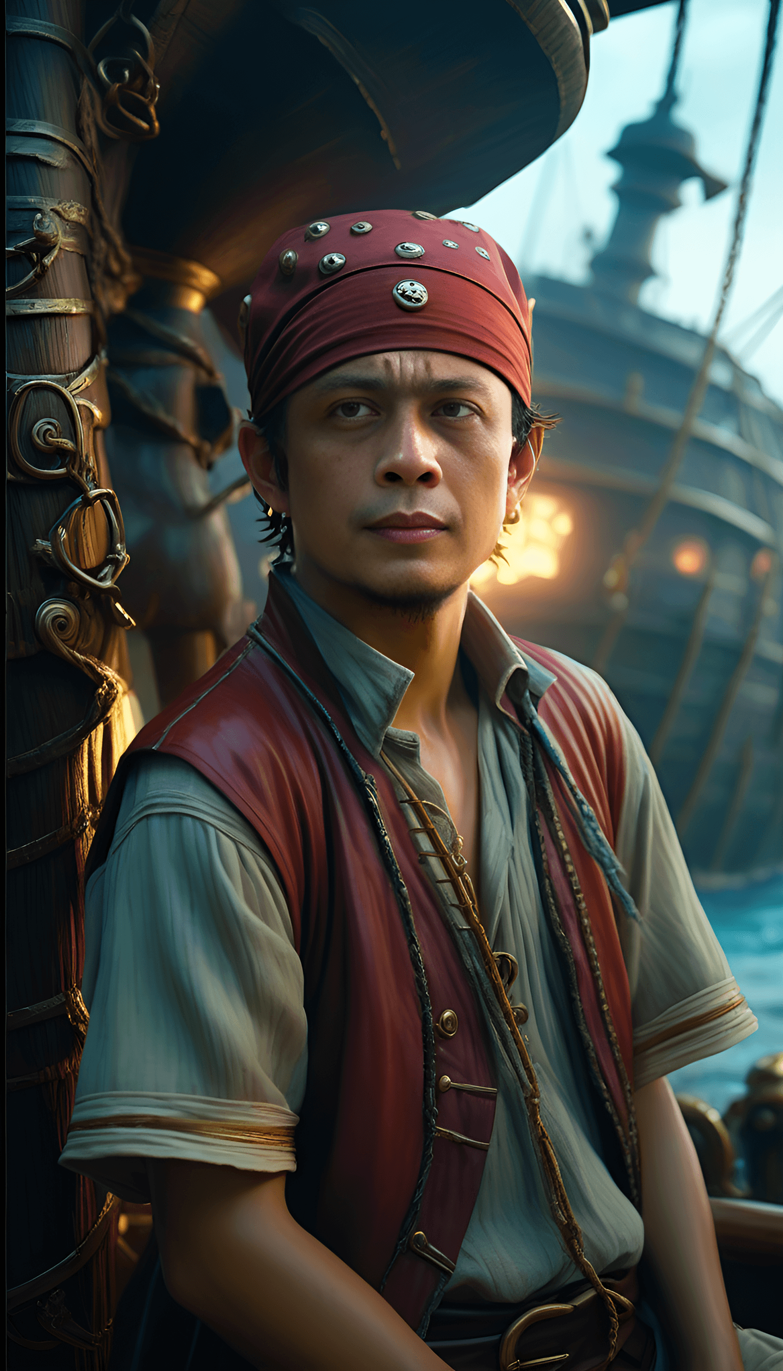 AI generated: made by Emmanuel Lubezki, Daniel F Gerhartz, character of One Piece movie, round straw hat, pirate, ...