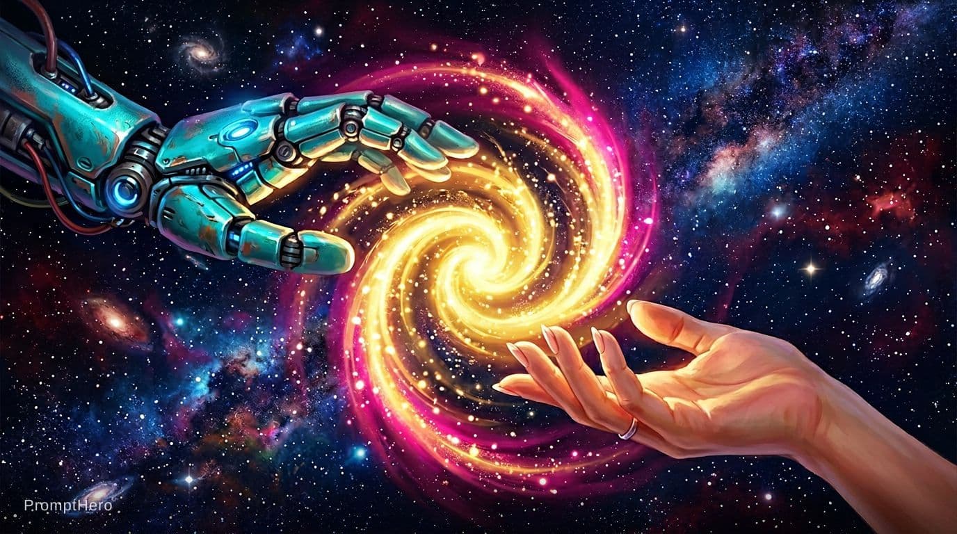 AI generated: 2 Hands. Hand 1: Robot hand, colour turquois metal, relaxed open palm downward. Hand 2: Human, femal...