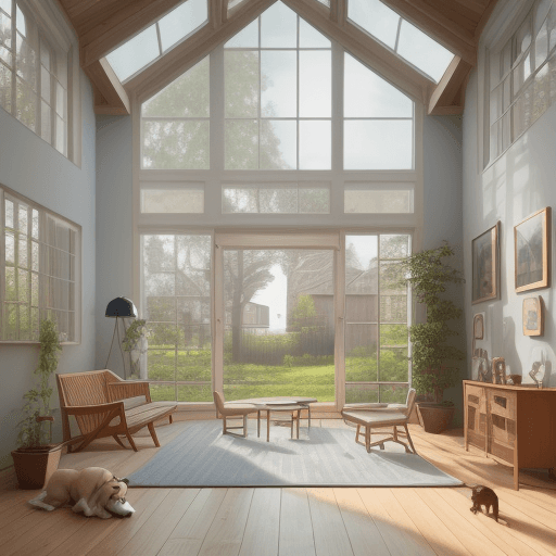 AI generated: dog play ball, wooden floor, small windows opening onto the garden, bauhaus furniture and decoration...