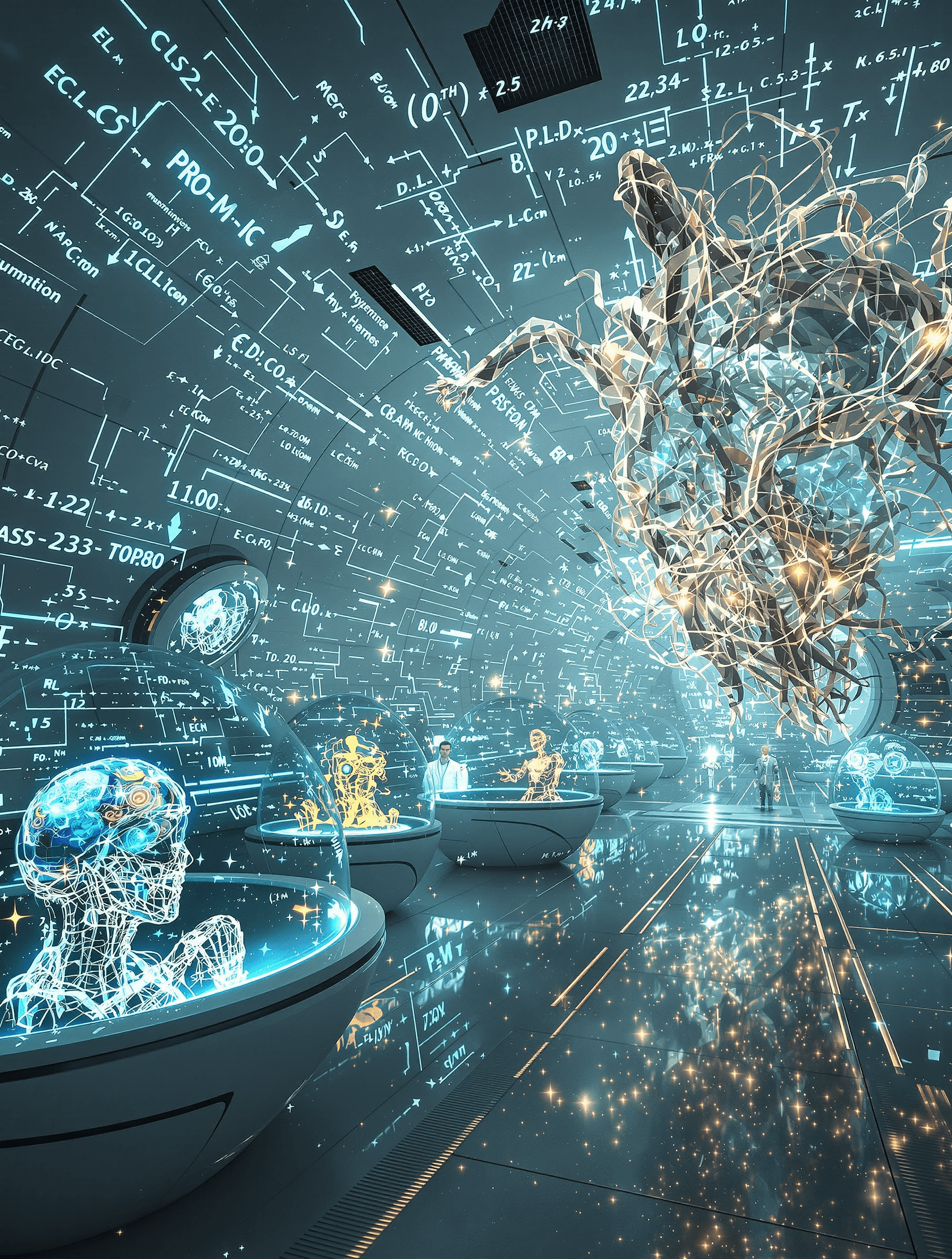 AI generated: A vast, futuristic neuroscience lab bathed in cold, ethereal light, where human artists are stored i...