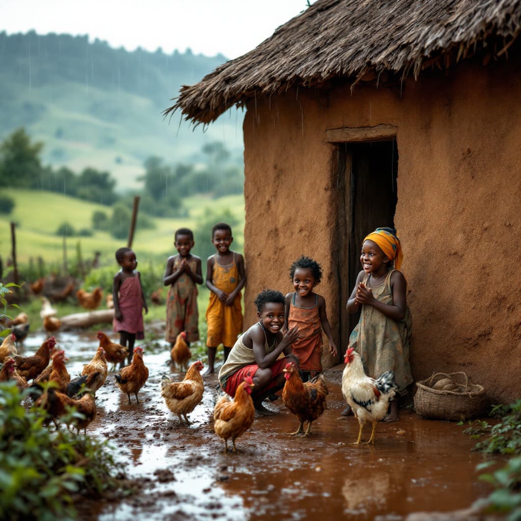 AI generated: African children joyfully playing outside their traditional mud house, surrounded by free-roaming ch...