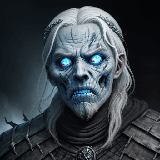 AI generated: norse draugr, undead, Viking, desiccated, flaming blue eyes, white walker from game of thrones, dark...