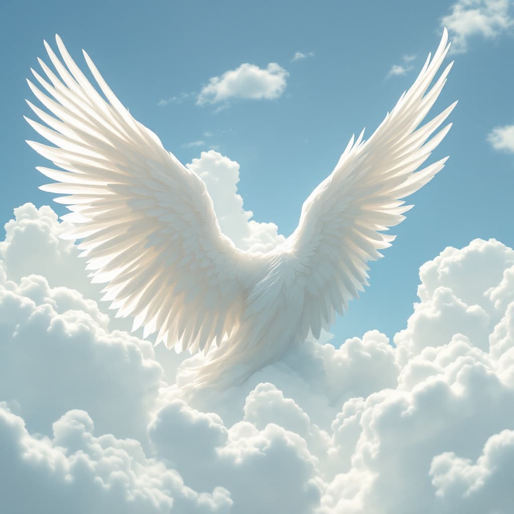 AI generated: Delicate bright white Angel wings in the clouds, no shadows, male masculine  arm angel, blue sky --a...