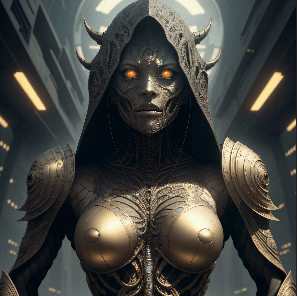 AI generated: a woman in a futuristic space suit with horns, cyberpunk art by Kuno Veeber, zbrush central contest ...