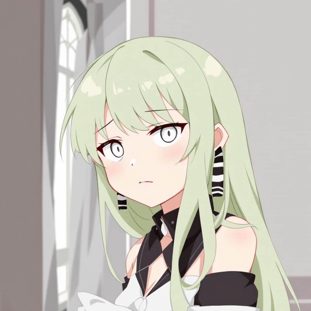 AI generated: anime,girl,solo,soft tone hair,pastel green hair,long hairs,white eyes,perfecteyes,eyebrows,hair beh...
