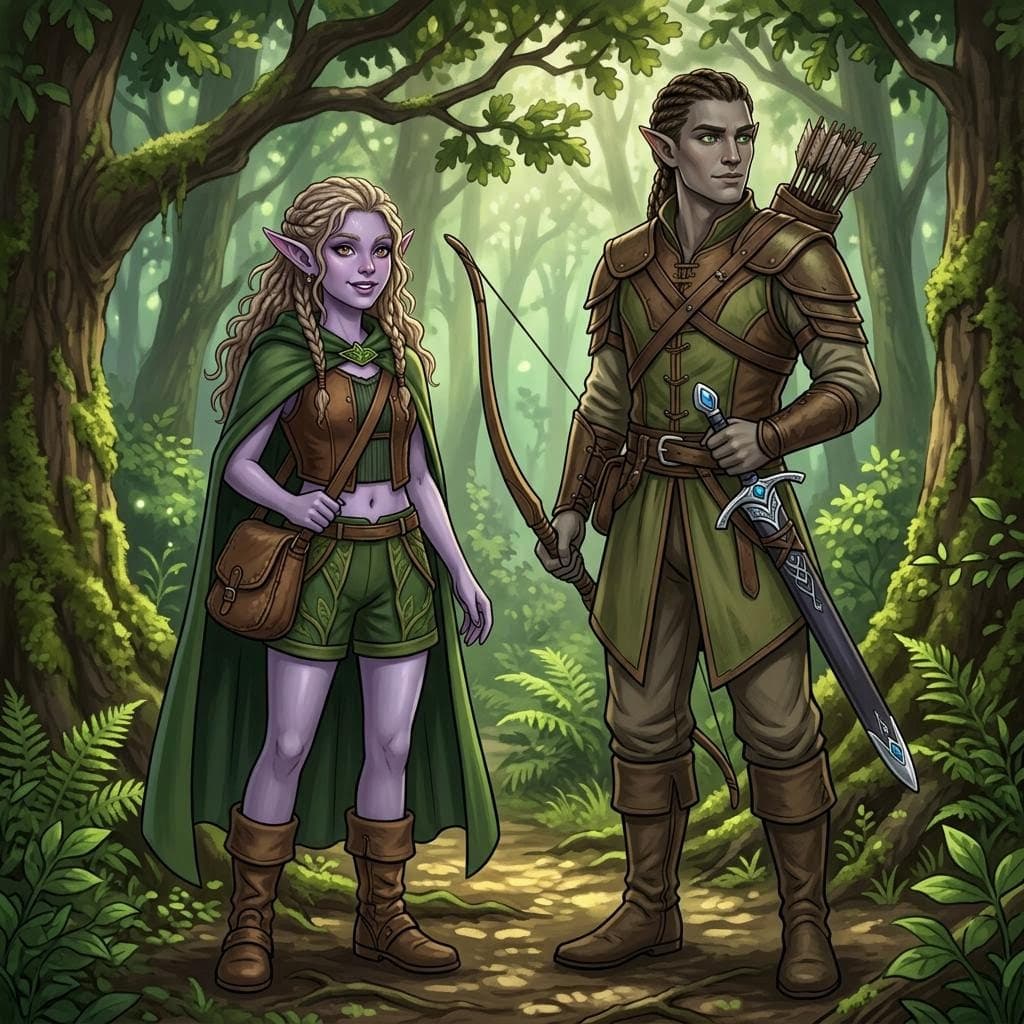 AI generated: 1: Drow girl whit purple skin and cute elf ears. slender whit flat chest. Long Dirty blond hair and ...