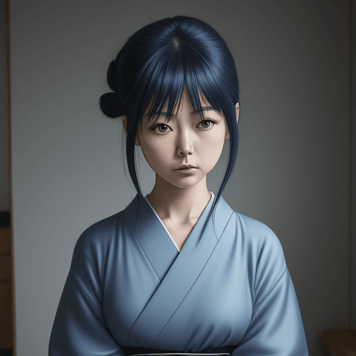 AI generated: japanese model, in the style of rinko kawauchi, light indigo and dark blue, xiaofei yue, relatable p...