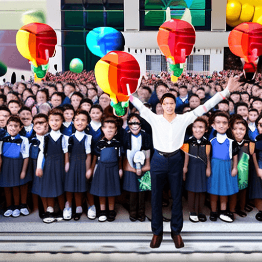 AI generated: photorealistic square image of Pavel Durov standing at a festive school assembly on September 1st. H...