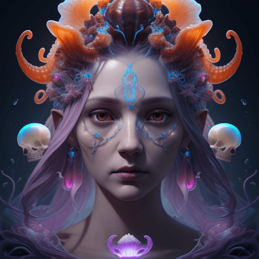 AI generated: Goddess close-up portrait ribcagel. jellyfish phoenix head, nautilus, orchid, skull, betta fish, bio...