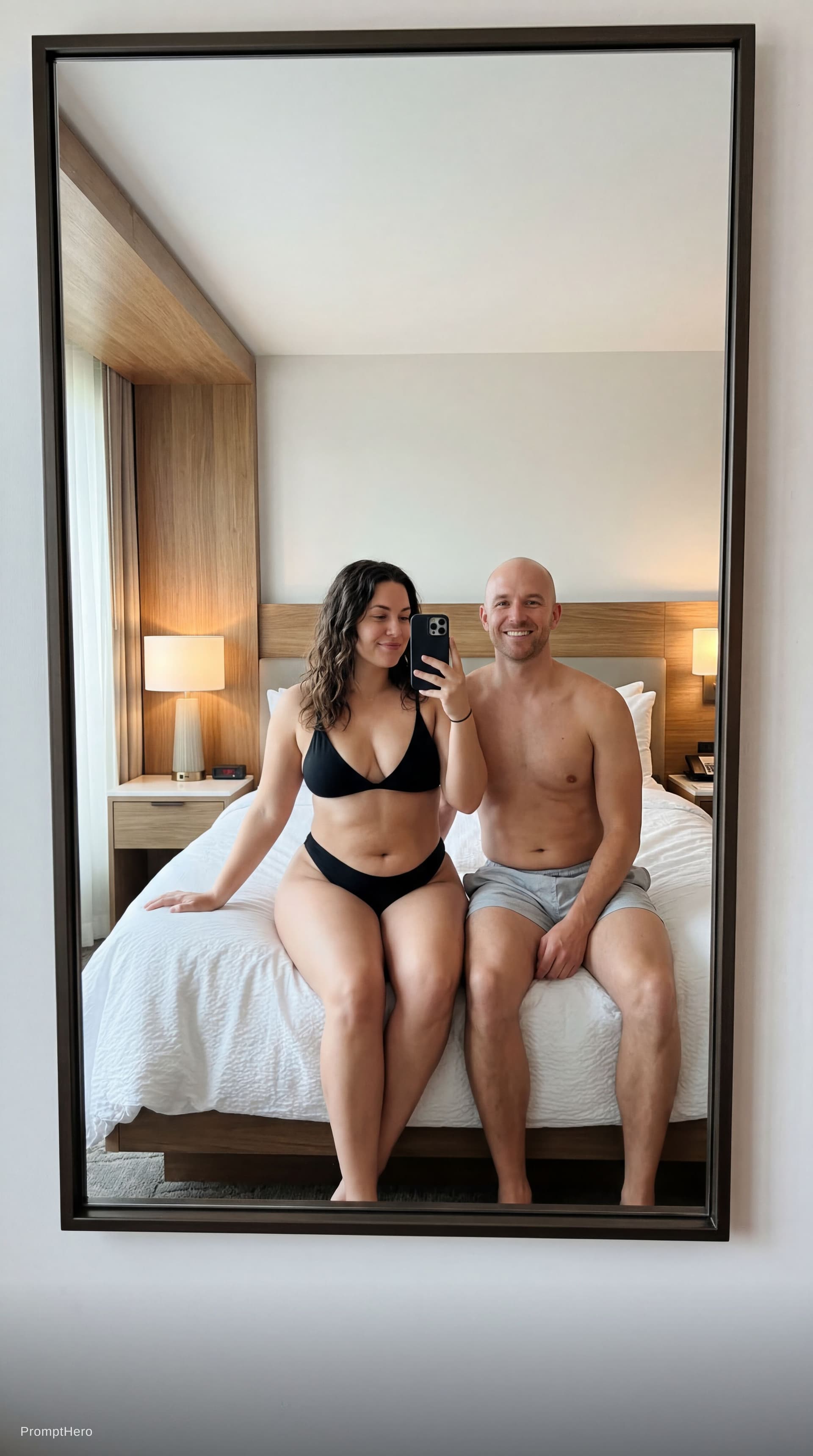 AI generated: {
  "scene": {
    "setting": "Modern hotel room",
    "background_details": {
      "furniture": "L...