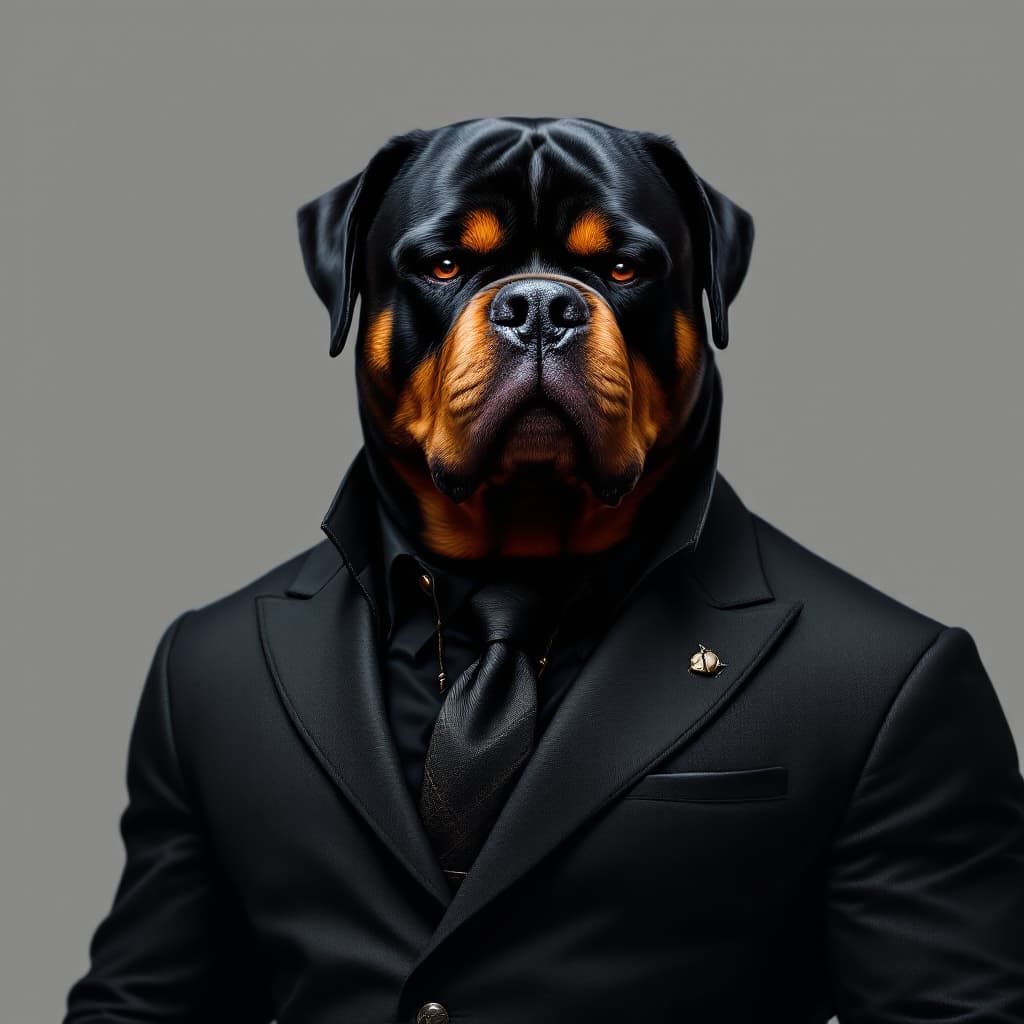 AI generated: A loyal and intimidating humanoid Rottweiler, with a muscular and robust build that reflects his str...