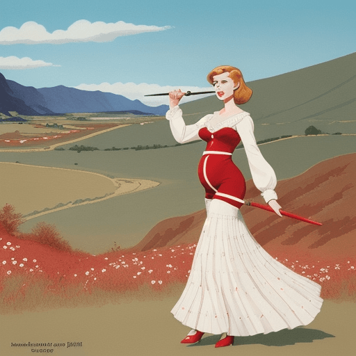 AI generated: Pen and ink, illustrated by Hergé, background landscape. pregment woman red and white stick in hand,...