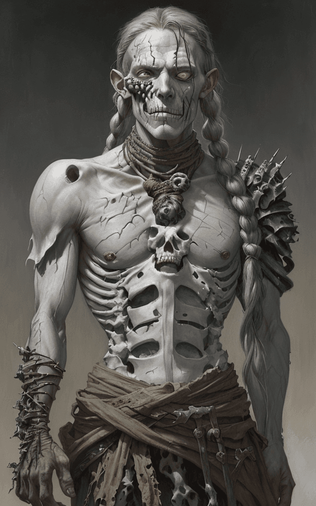 AI generated: one eyed Caucasian man with grey skin, covered in scars, scarring, wearing bones as armor, a single ...