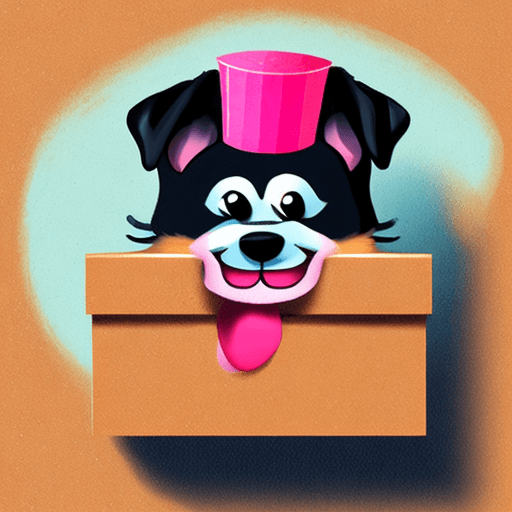 AI generated: an open cardbox box, with a cute smiling dog inside, cartoon style, no background