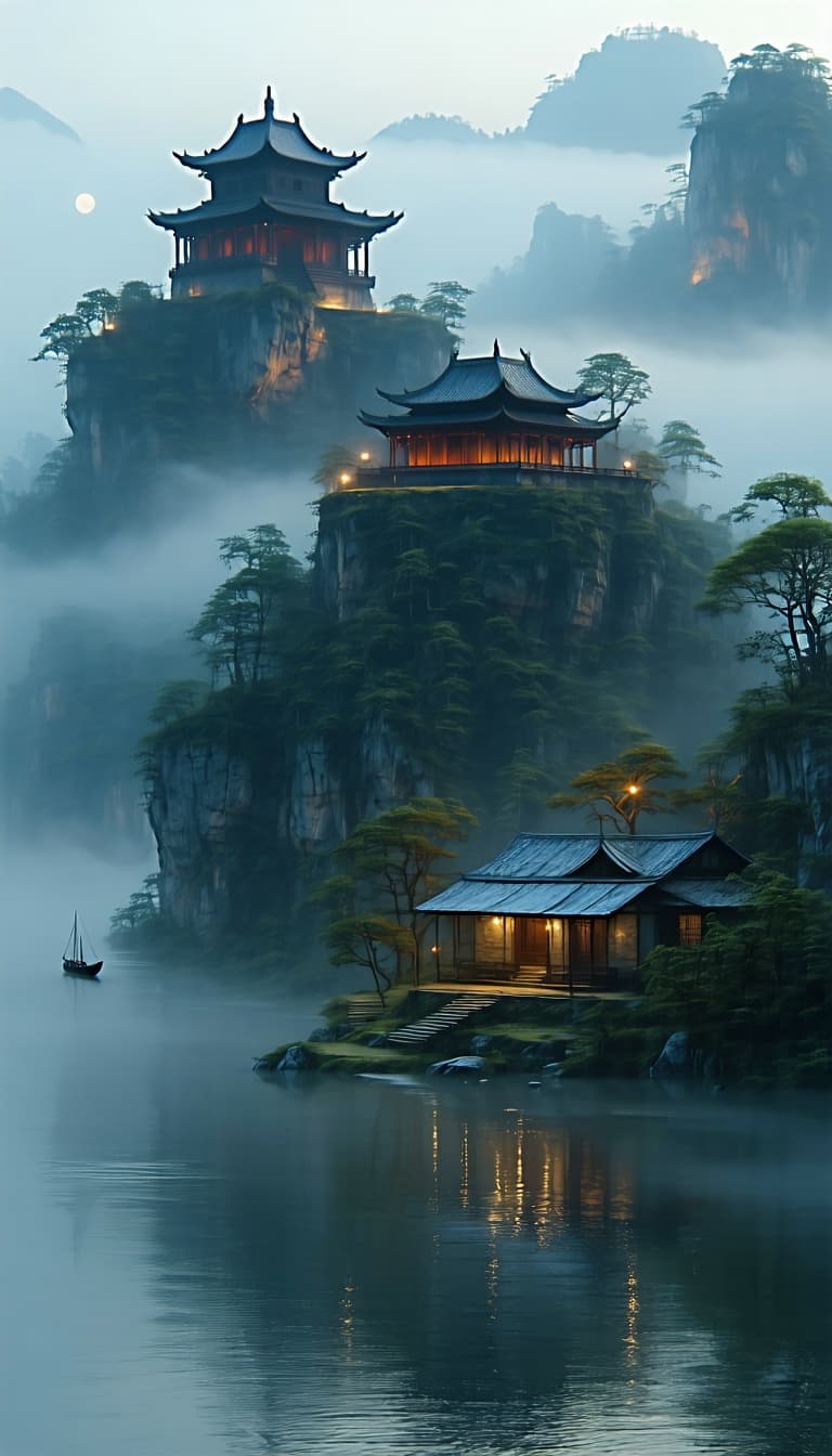 AI generated: A majestic, ancient pagoda, shrouded in mystical, dreamlike fog, perched on a cliff overlooking a se...