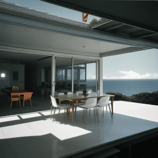 AI generated: Hyper realistic eye level exterior photo of a mid century modern style house overlooking the ocean, ...