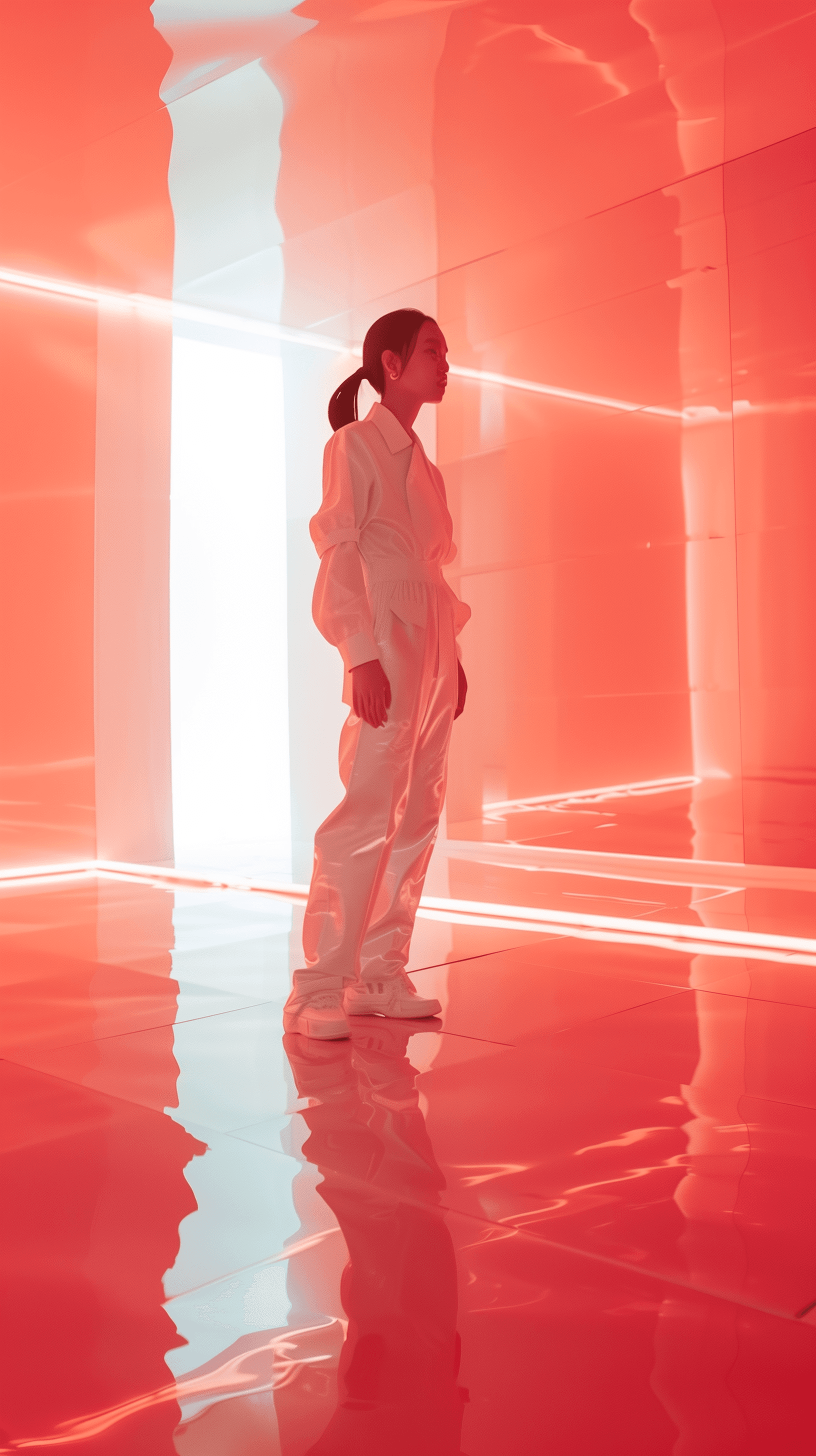 AI generated: figure dressed in futuristic attire stands in a fully illuminated coral room, minimalistic korean wo...