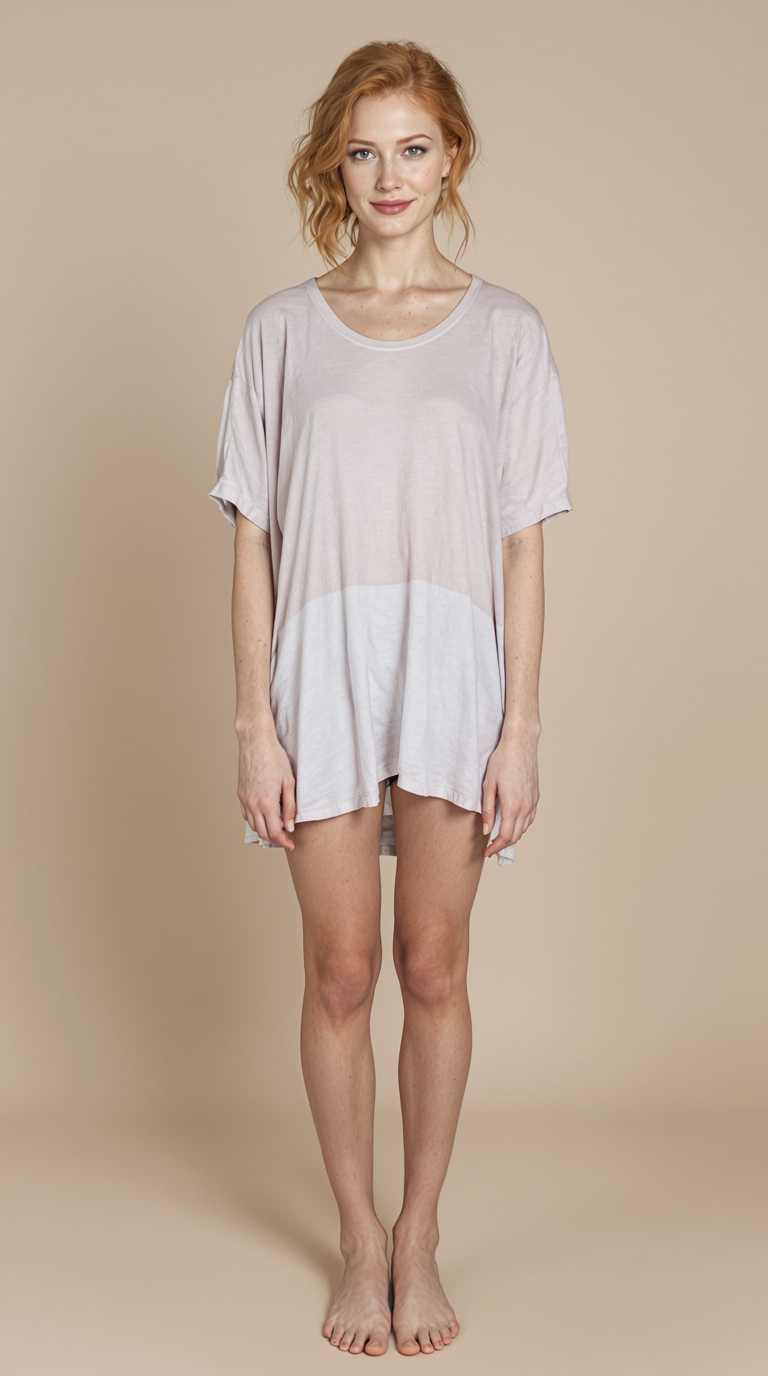AI generated: Full-body head-to-toe portrait of a 29-year-old ginger woman with freckles only on her cheeks (no ma...