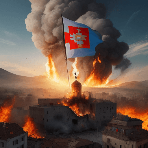 AI generated: The forces of the Republic of Serbia taking over Kosovo, putting a serbian flag on the top of the bu...