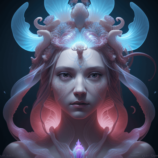 AI generated: Goddess close-up portrait ribcagel. jellyfish phoenix head, nautilus, orchid, skull, betta fish, bio...