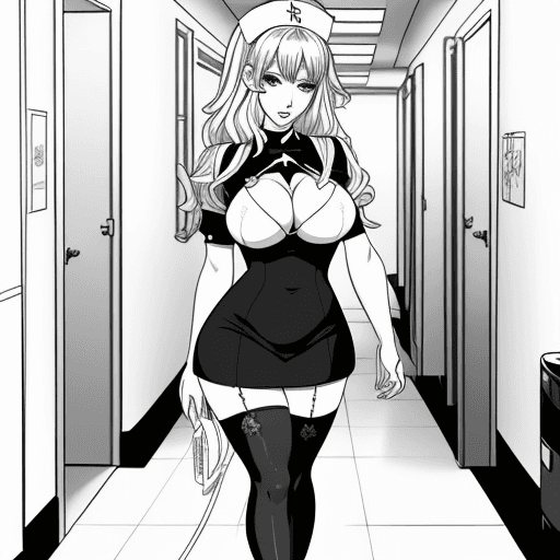 AI generated: Coloring page for adults, drawn anime style, line art, no shadow, sexy nurse with short nurse outfit...