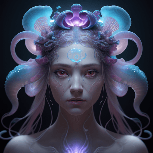 AI generated: Goddess close-up portrait ribcagel. jellyfish phoenix head, nautilus, orchid, skull, betta fish, bio...