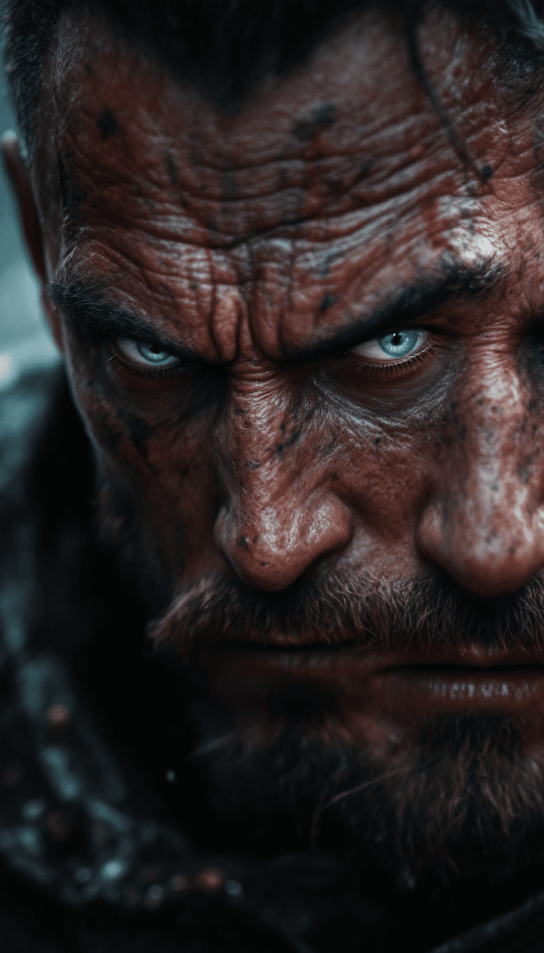 AI generated: 3d image of macroview of a fighter man, in the medieval age,war makeup , photorealistic detail, dark...